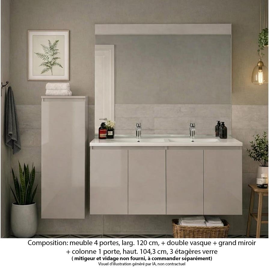 Ensemble meuble de salle de bain Oxford 120 cm grège brillant, plan vasque marbre reconstitué, 4 portes , miroir plan , colonne P. 17 cm x H. 104 cm