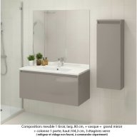 Ensemble meuble de salle de bain Oxford 80 cm grège brillant, plan vasque marbre reconstitué, 1 tiroir , miroir plan , colonne P.17 cm x H. 104 cm