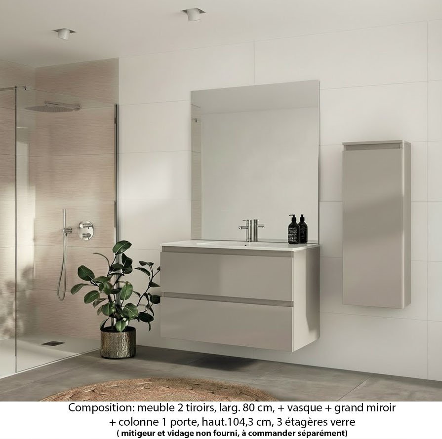 Ensemble meuble de salle de bain Oxford 100 cm grège brillant, plan vasque marbre reconstitué, 2 tiroirs , miroir plan , colonne P. 17 cm x H. 104 cm