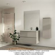 Ensemble meuble de salle de bain Oxford 100 cm grège brillant, plan vasque marbre reconstitué, 2 tiroirs , miroir plan , colonne P. 17 cm x H. 104 cm