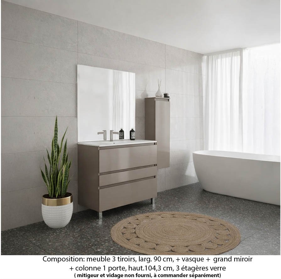 Ensemble meuble de salle de bain Oxford 90 cm grège brillant, plan vasque marbre reconstitué, 3 tiroirs , miroir plan , colonne P.17 cm x H. 104 cm