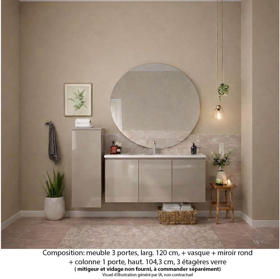 Ensemble meuble de salle de bain Oxford 120 cm grège brillant, plan vasque céramique, 3 portes , miroir rond , colonne P. 17 cm x H. 104 cm