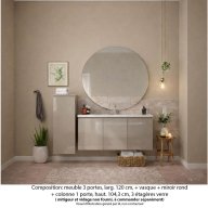 Ensemble meuble de salle de bain Oxford 120 cm grège brillant, plan vasque céramique, 3 portes , miroir rond , colonne P. 35 cm x H. 104 cm