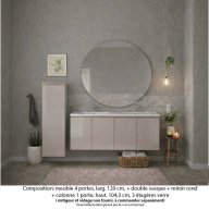 Ensemble meuble de salle de bain Oxford 120 cm grège brillant, plan vasque marbre reconstitué, 4 portes , miroir rond , colonne P. 17 cm x H. 104 cm