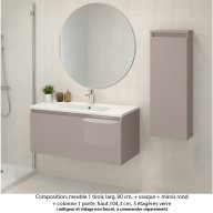 Ensemble meuble de salle de bain Oxford 80 cm grège brillant, plan vasque marbre reconstitué, 1 tiroir , miroir rond , colonne P.17 cm x H. 104 cm