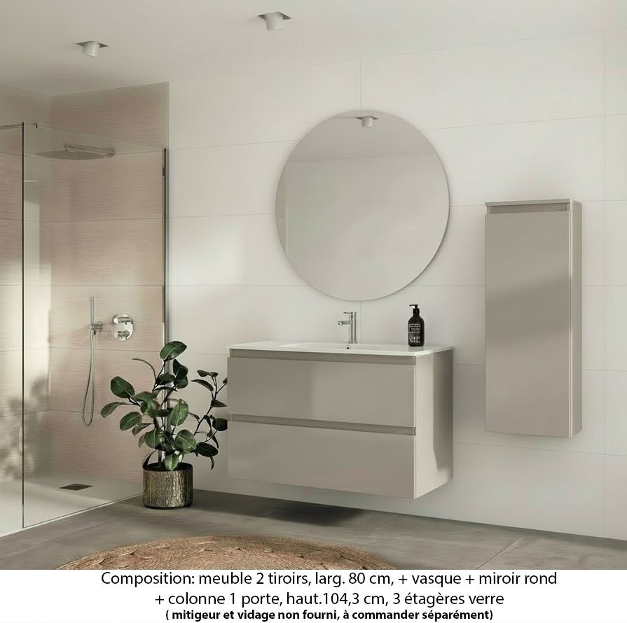 Ensemble meuble de salle de bain Oxford 100 cm grège brillant, plan vasque marbre reconstitué, 2 tiroirs , miroir rond , colonne P. 17 cm x H. 104 cm