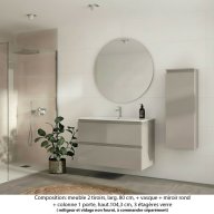 Ensemble meuble de salle de bain Oxford 100 cm grège brillant, plan vasque marbre reconstitué, 2 tiroirs , miroir rond , colonne P. 17 cm x H. 104 cm