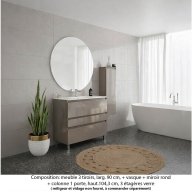 Ensemble meuble de salle de bain Oxford 90 cm grège brillant, plan vasque marbre reconstitué, 3 tiroirs , miroir rond , colonne P.17 cm x H. 104 cm