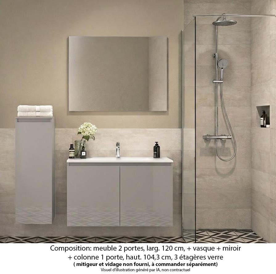 Ensemble meuble de salle de bain Oxford 60 cm grège brillant, plan vasque marbre reconstitué, 2 portes , miroir simple , colonne P. 17 cm x H. 104 cm