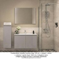 Ensemble meuble de salle de bain Oxford 100 cm grège brillant, plan vasque marbre reconstitué, 2 portes , miroir simple , colonne P. 35 cm x H. 104 cm