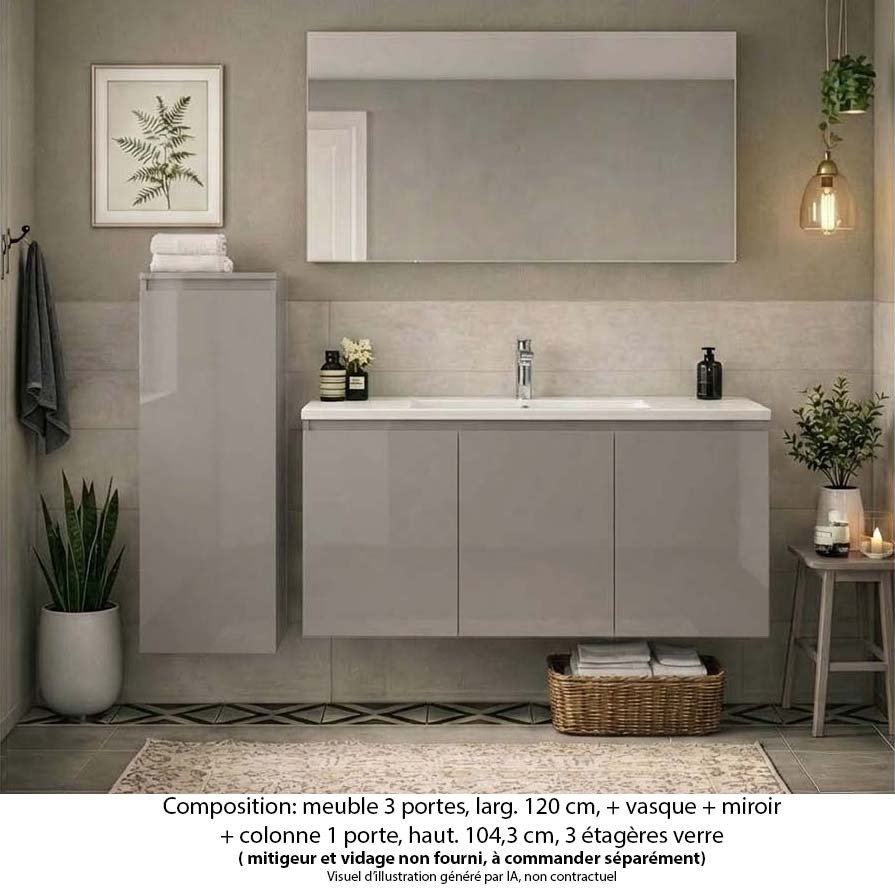 Ensemble meuble de salle de bain Oxford 120 cm grège brillant, plan vasque céramique, 3 portes , miroir simple , colonne P. 17 cm x H. 104 cm