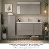 Ensemble meuble de salle de bain Oxford 120 cm grège brillant, plan vasque céramique, 3 portes , miroir simple , colonne P. 35 cm x H. 104 cm