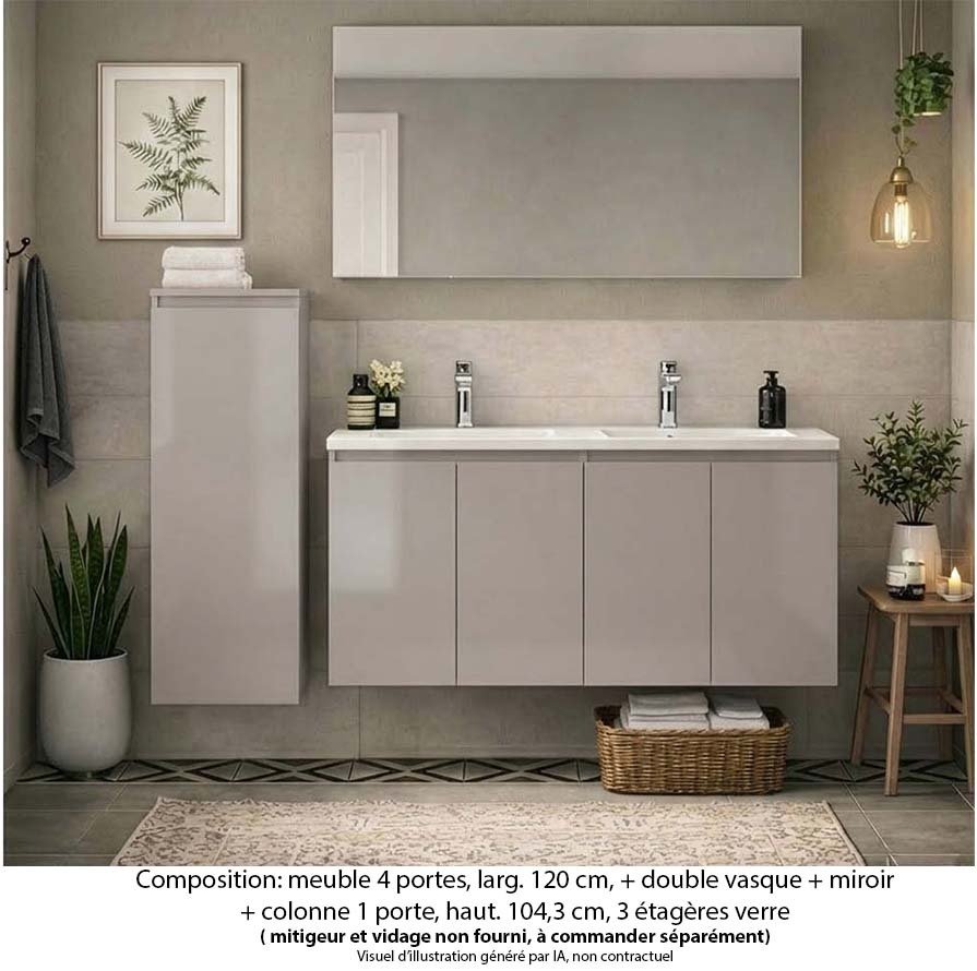 Ensemble meuble de salle de bain Oxford 120 cm grège brillant, plan vasque marbre reconstitué, 4 portes , miroir simple , colonne P. 17 cm x H. 104 cm