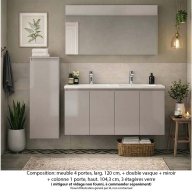 Ensemble meuble de salle de bain Oxford 120 cm grège brillant, plan vasque marbre reconstitué, 4 portes , miroir simple , colonne P. 17 cm x H. 104 cm