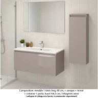 Ensemble meuble de salle de bain Oxford 80 cm grège brillant, plan vasque marbre reconstitué, 1 tiroir , miroir simple , colonne P.17 cm x H. 104 cm