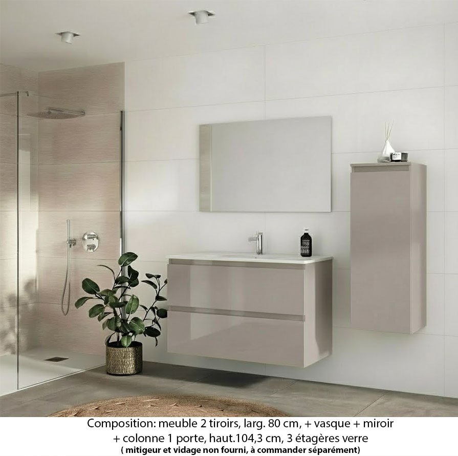 Ensemble meuble de salle de bain Oxford 100 cm grège brillant, plan vasque marbre reconstitué, 2 tiroirs , miroir simple , colonne P. 17 cm x H. 104 cm