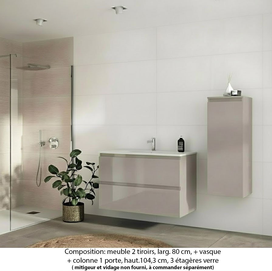 Ensemble meuble de salle de bain Oxford 80 cm grège brillant, plan vasque marbre reconstitué,  2 tiroirs + colonne P. 35 cm x H. 104 cm