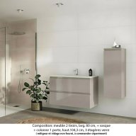 Ensemble meuble de salle de bain Oxford 100 cm grège brillant, plan vasque marbre reconstitué, 2 tiroirs + colonne P. 35 cm x H. 104 cm