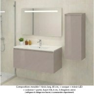 Ensemble meuble de salle de bain Oxford 80 cm grège brillant, plan vasque marbre reconstitué, 1 tiroir + colonne P. 35 cm x H. 104 cm , miroir LED