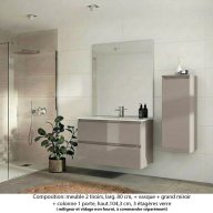 Ensemble meuble de salle de bain Oxford 100 cm grège brillant, plan vasque marbre reconstitué, 2 tiroirs , miroir plan , colonne P. 35 cm x H. 104 cm