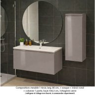 Ensemble meuble de salle de bain Oxford 80 cm grège brillant, plan vasque marbre reconstitué, 1 tiroir , miroir rond , colonne P. 35 cm x H. 104 cm