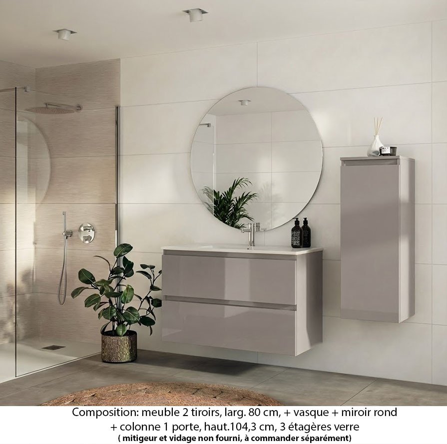 Ensemble meuble de salle de bain Oxford 80 cm grège brillant, plan vasque marbre reconstitué, 2 tiroirs , miroir rond , colonne P. 35 cm x H. 104 cm