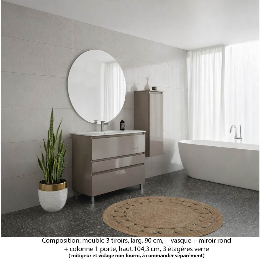 Ensemble meuble de salle de bain Oxford 90 cm grège brillant, plan vasque marbre reconstitué, 3 tiroirs , miroir rond , colonne P. 35 cm x H. 104 cm