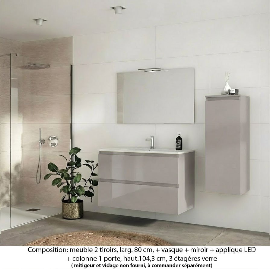 Ensemble meuble de salle de bain Oxford 80 cm grège brillant, plan vasque marbre reconstitué, 2 tiroirs , miroir simple , applique , colonne P. 35 cm x H. 104 cm