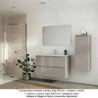 Ensemble meuble de salle de bain Oxford 100 cm grège brillant, plan vasque marbre reconstitué, 2 tiroirs , miroir simple , colonne P. 35 cm x H. 104 cm