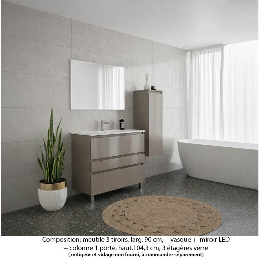 Ensemble meuble de salle de bain Oxford 90 cm grège brillant, plan vasque marbre reconstitué, 3 tiroirs , miroir simple , colonne P. 35 cm x H. 104 cm