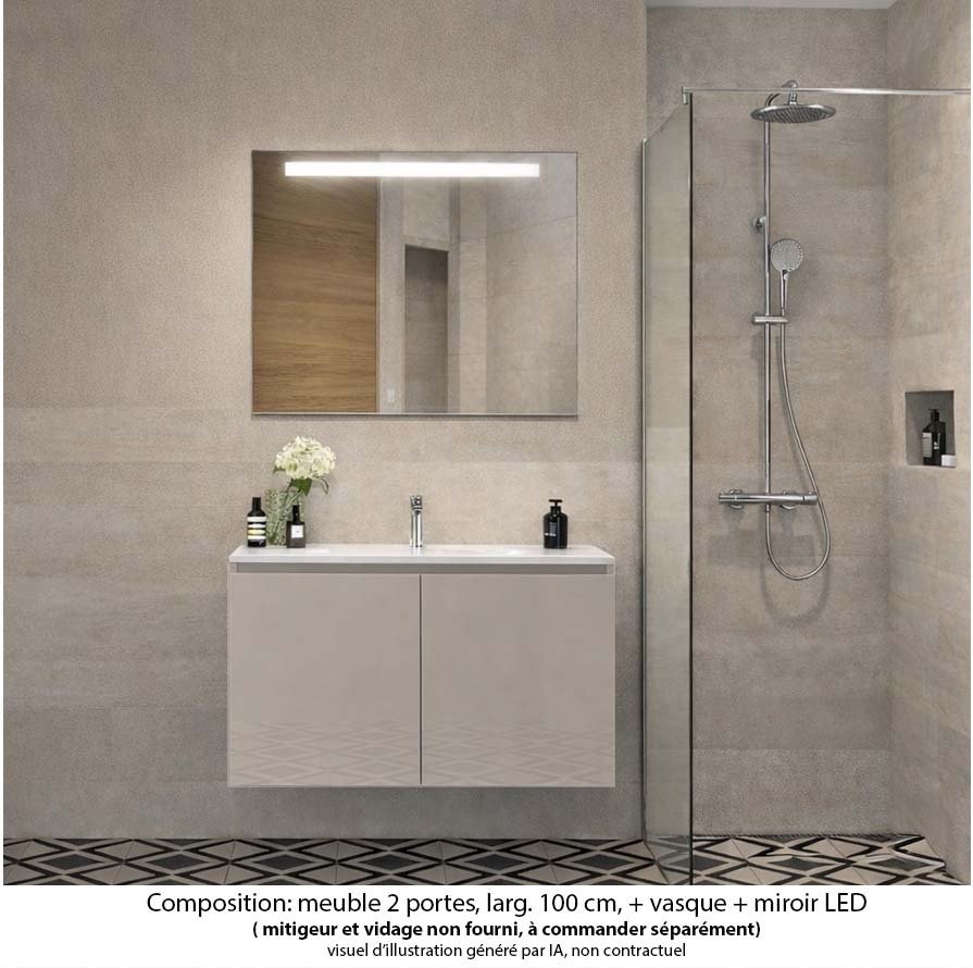 Ensemble meuble de salle de bain Oxford 60 cm grège brillant, plan vasque marbre reconstitué,  2 portes , miroir LED