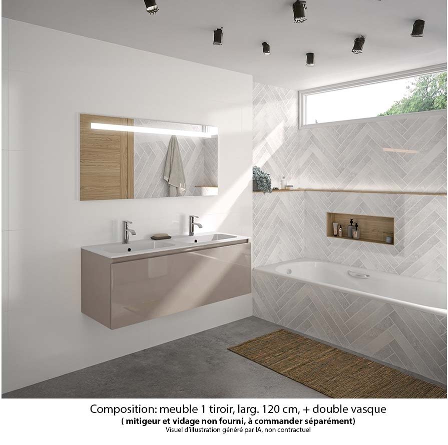 Ensemble meuble de salle de bain Oxford 120 cm grège brillant, plan double vasque céramique,  1 tiroir , miroir LED