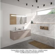 Ensemble meuble de salle de bain Oxford 120 cm grège brillant, plan double vasque marbre reconstitué, 1 tiroir , miroir LED