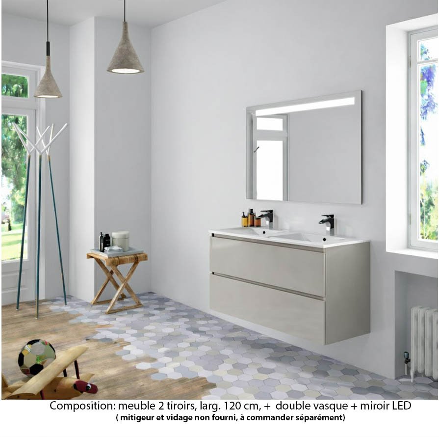 Ensemble meuble de salle de bain Oxford 120 cm grège brillant, plan double vasque marbre reconstitué,  2 tiroirs , miroir LED