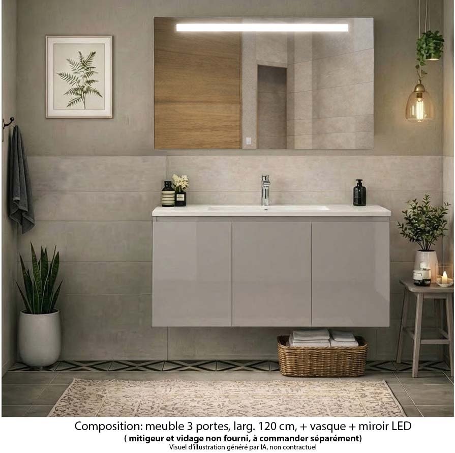 Ensemble meuble de salle de bain Oxford 120 cm grège brillant, plan vasque céramique,  3 portes , miroir LED