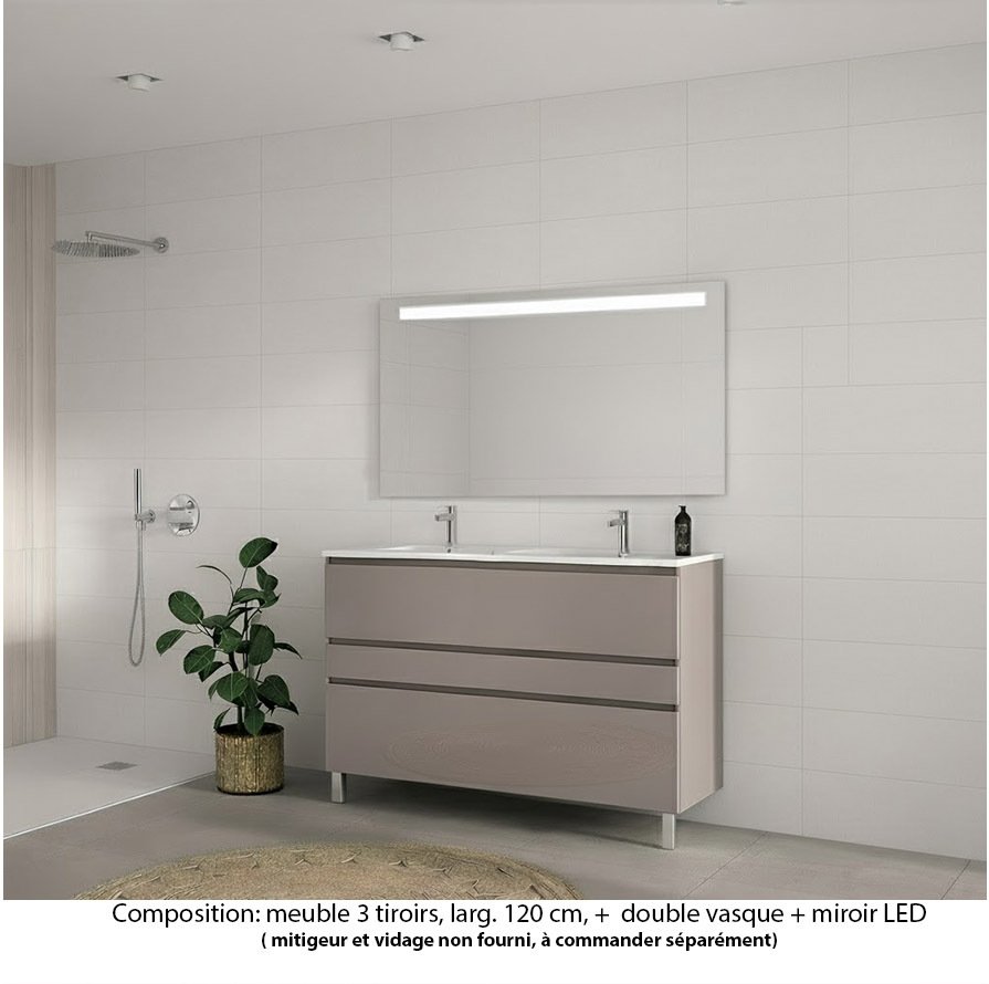 Ensemble meuble de salle de bain Oxford 120 cm grège brillant, plan double vasque céramique,  3 tiroirs , miroir LED