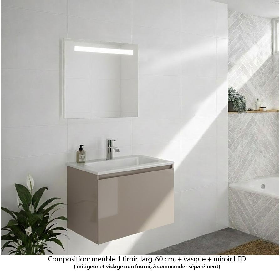 Ensemble meuble de salle de bain Oxford 60 cm grège brillant, plan vasque marbre reconstitué,  1 tiroir , miroir LED
