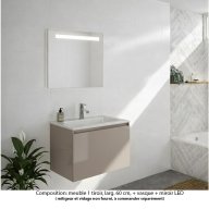 Ensemble meuble de salle de bain Oxford 80 cm grège brillant, plan vasque marbre reconstitué, 1 tiroir , miroir LED