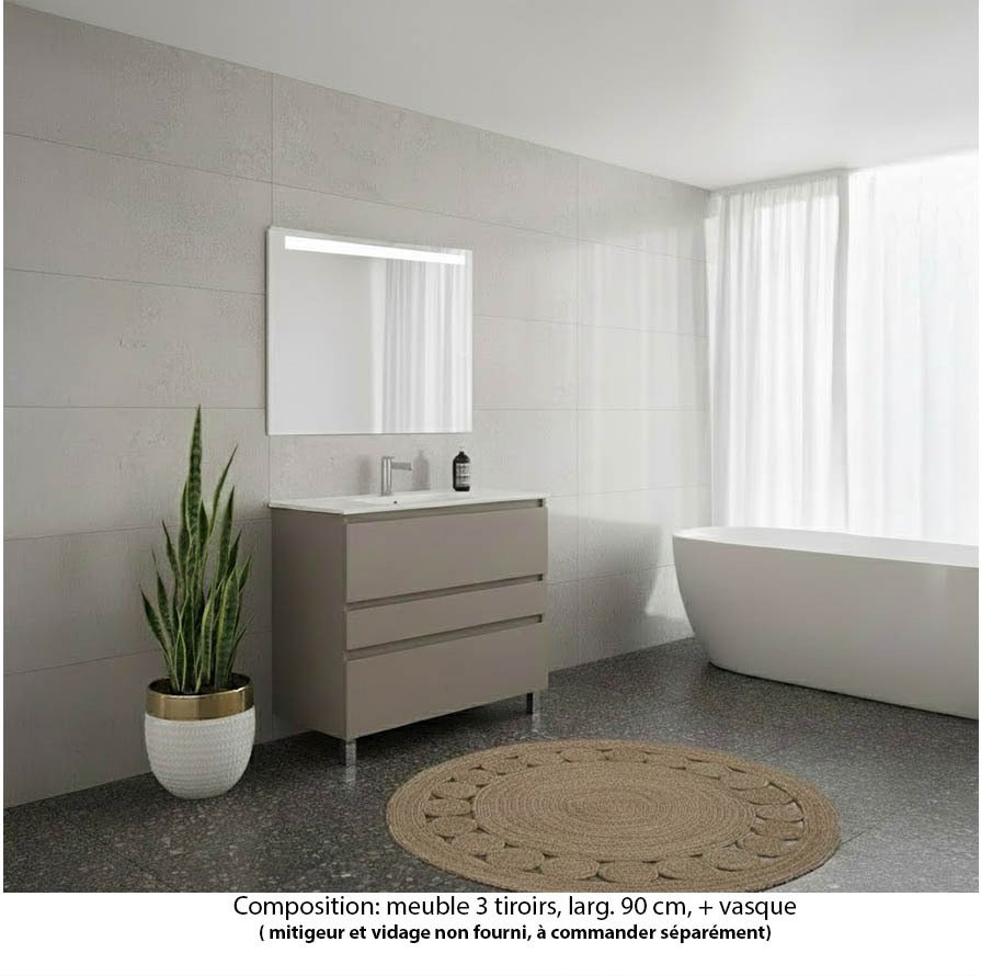 Ensemble meuble de salle de bain Oxford 80 cm grège brillant, plan vasque marbre reconstitué,  3 tiroirs , miroir LED