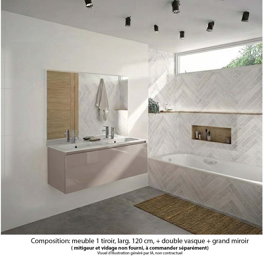 Ensemble meuble de salle de bain Oxford 120 cm grège brillant, plan double vasque marbre reconstitué,  1 tiroir , miroir haut. 110 cm