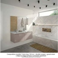 Ensemble meuble de salle de bain Oxford 120 cm grège brillant, plan double vasque marbre reconstitué, 2 tiroirs , miroir haut. 110 cm