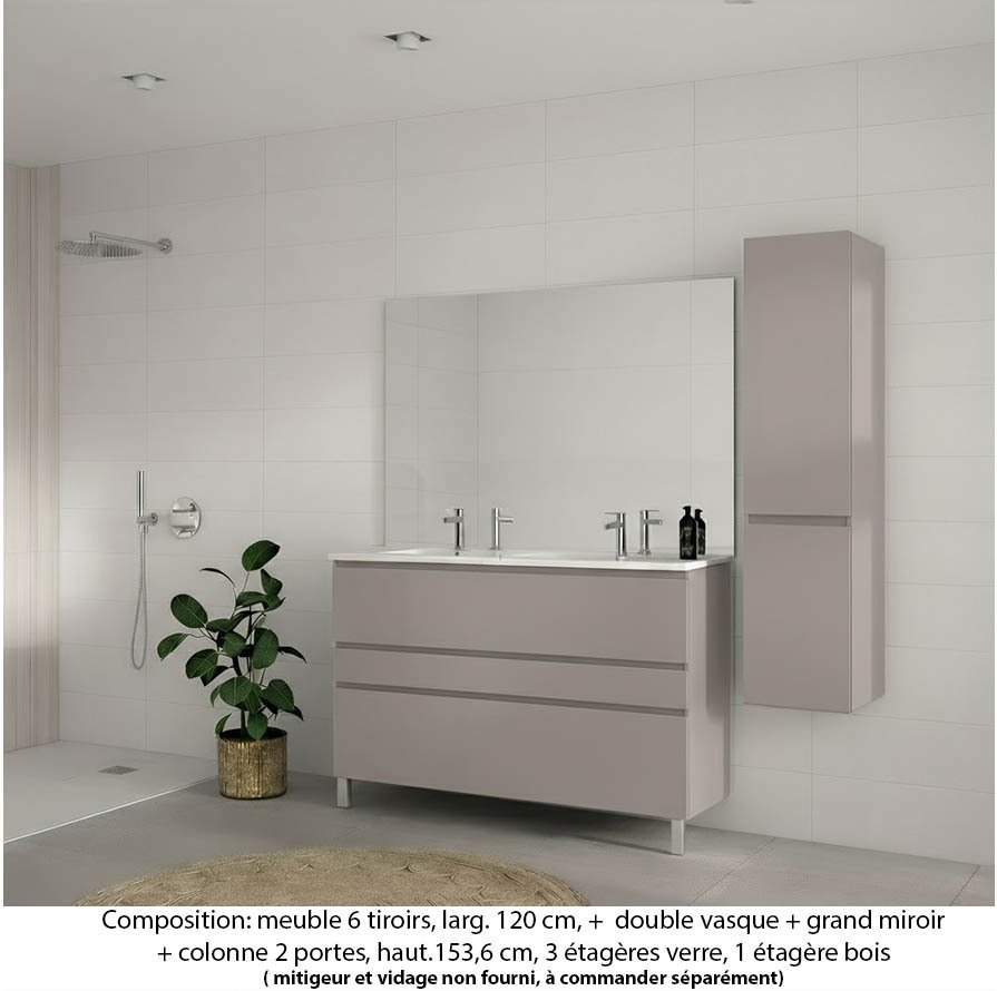 Ensemble meuble de salle de bain Oxford 120 cm grège brillant, plan double vasque marbre reconstitué,  3 tiroirs , miroir haut. 110 cm