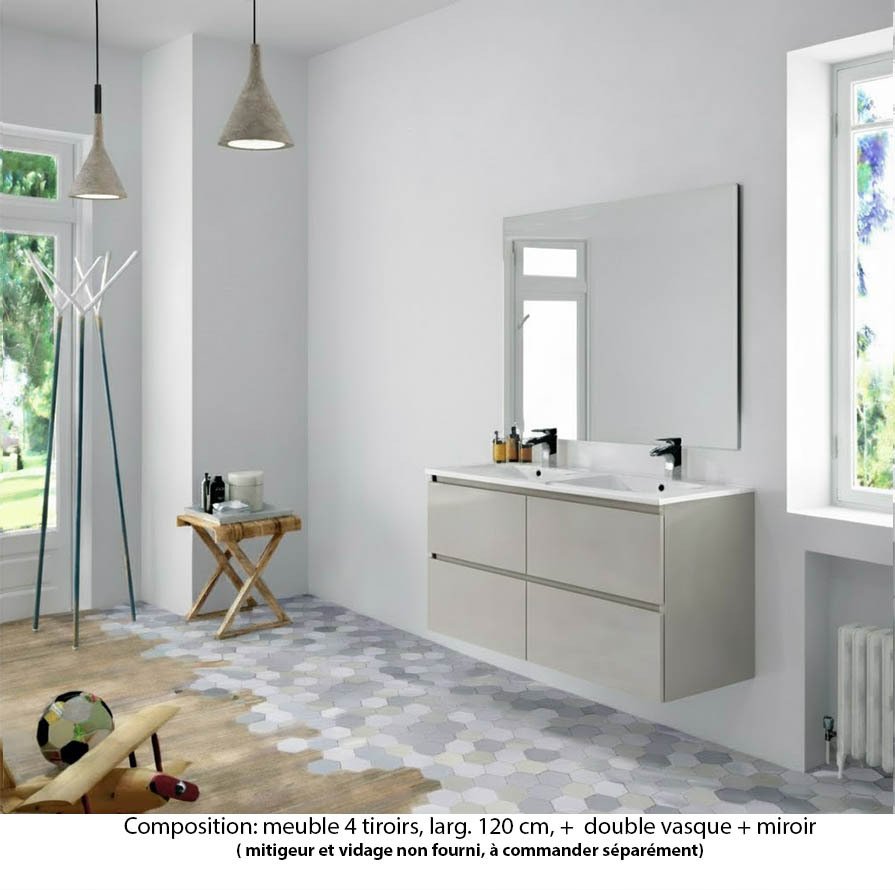 Ensemble meuble de salle de bain Oxford 140 cm grège brillant, plan double double vasque marbre reconstitué,  4 tiroirs , miroir haut. 110 cm