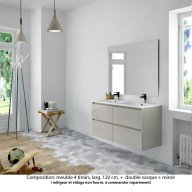 Ensemble meuble de salle de bain Oxford 140 cm grège brillant, plan double double vasque marbre reconstitué, 4 tiroirs , miroir haut. 110 cm