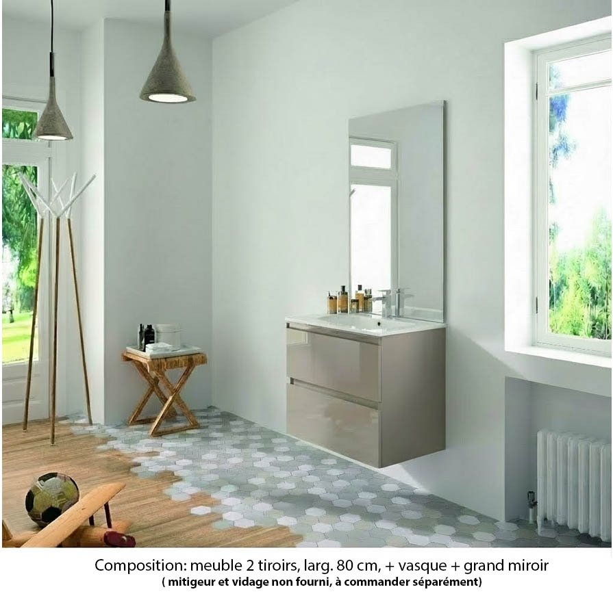 Ensemble meuble de salle de bain Oxford 80 cm grège brillant, plan vasque marbre reconstitué,  2 tiroirs , miroir haut. 110 cm