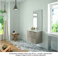 Ensemble meuble de salle de bain Oxford 80 cm grège brillant, plan vasque marbre reconstitué, 2 tiroirs , miroir haut. 110 cm