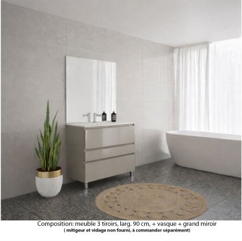 Vignette Ensemble meuble de salle de bain Oxford 70 cm grège brillant, plan vasque céramique,  3 tiroirs , miroir haut. 110 cm