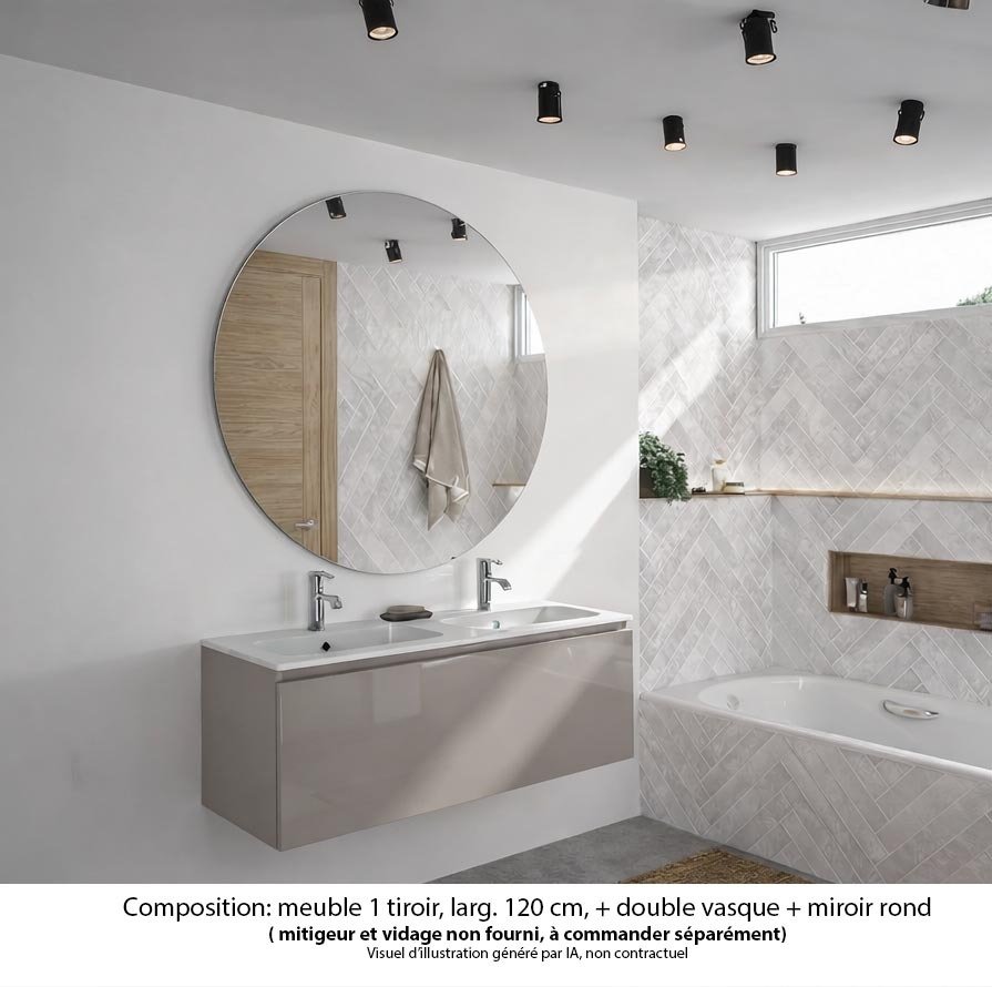 Ensemble meuble de salle de bain Oxford 120 cm grège brillant, plan double vasque marbre reconstitué,  1 tiroir , miroir rond