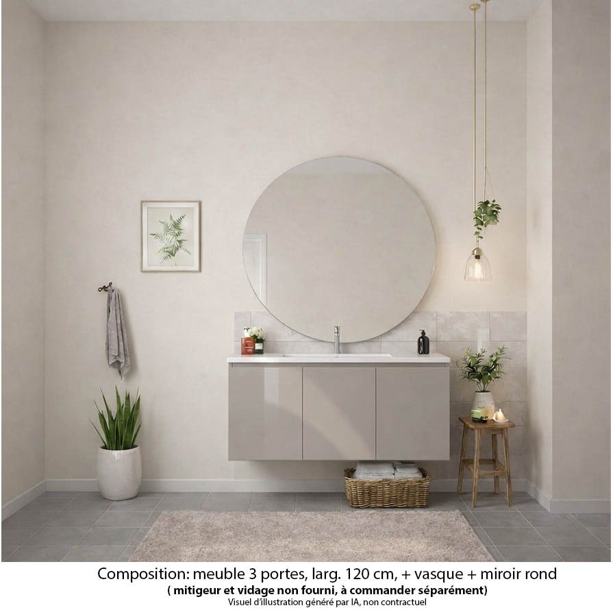 Ensemble meuble de salle de bain Oxford 120 cm grège brillant, plan vasque céramique,  3 portes , miroir rond