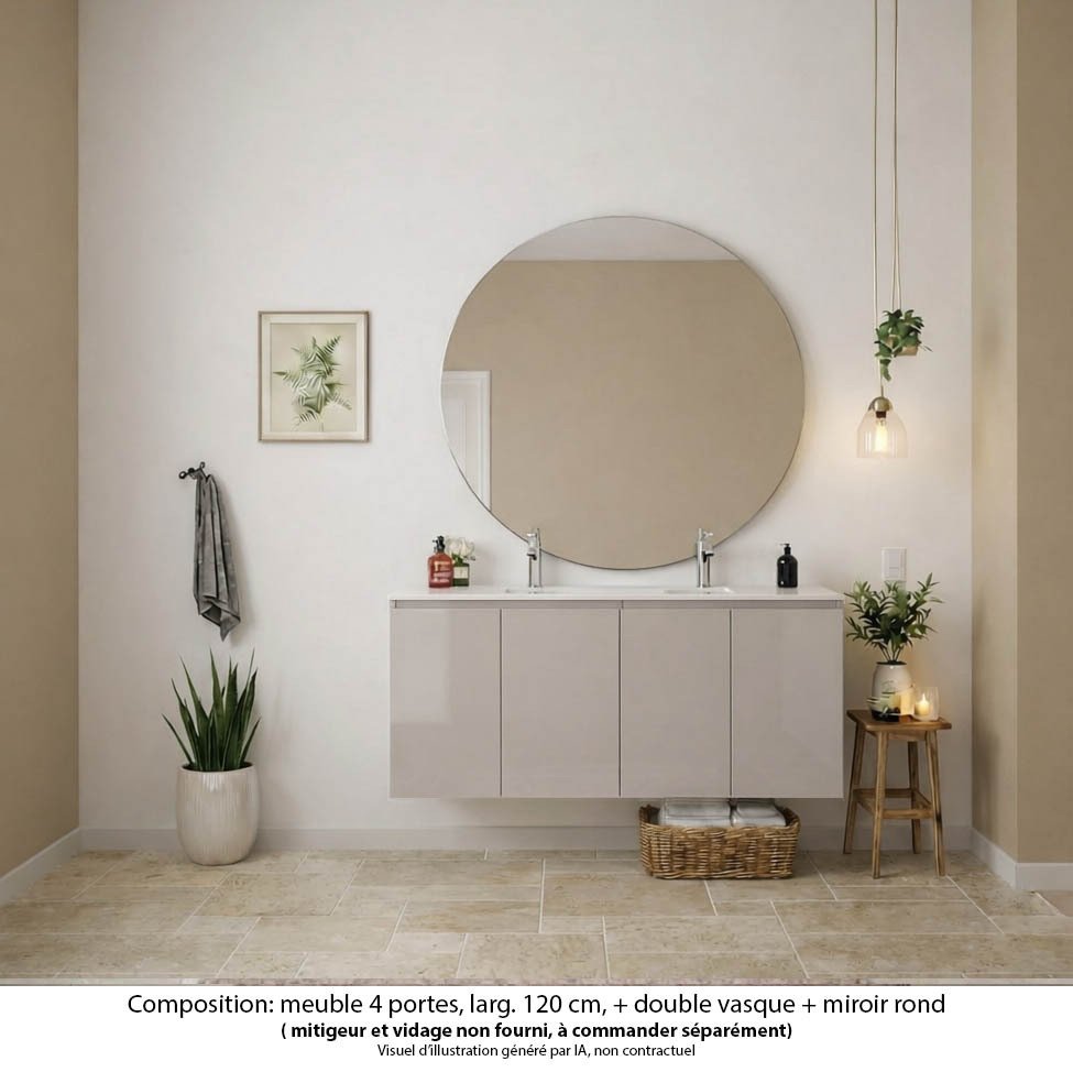 Ensemble meuble de salle de bain Oxford 120 cm grège brillant, plan vasque marbre reconstitué,  4 portes , miroir rond